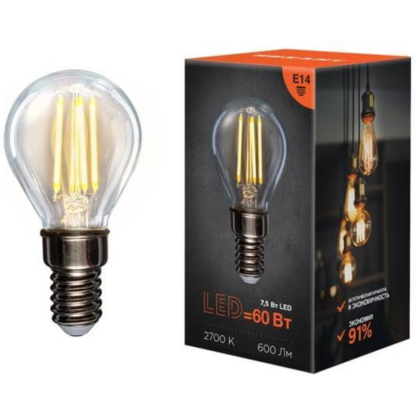 Лампа филаментная REXANT 604-121 Шарик GL45 7,5Вт 600Лм 2700K E14 прозрачная колба