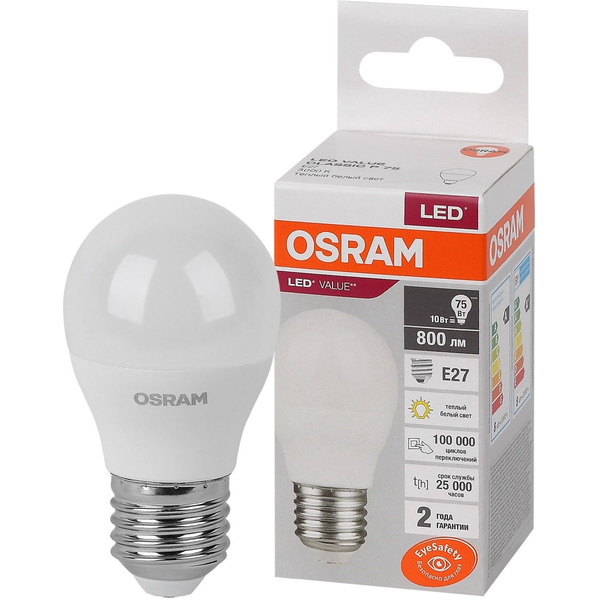 Светодиодная лампа OSRAM LVCLP75 10SW/830 230V E27 10X1