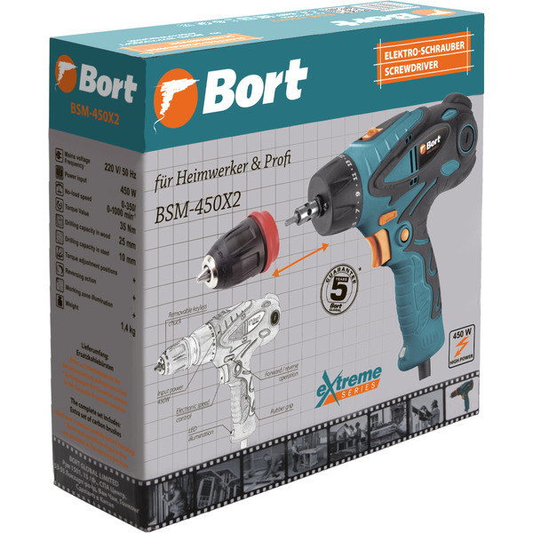 Дрель-шуруповерт Bort BSM-450X2 (93410600)