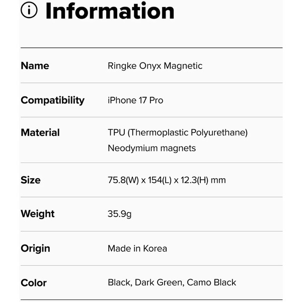 Чехол Ringke ONYX MAGNETIC для iPhone 17 Pro BLACK