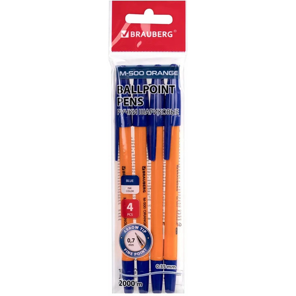 Ручки шариковые Brauberg M-500 Orange, узел 0,7мм, линия 0,35мм, набор 4 шт (143950) синие
