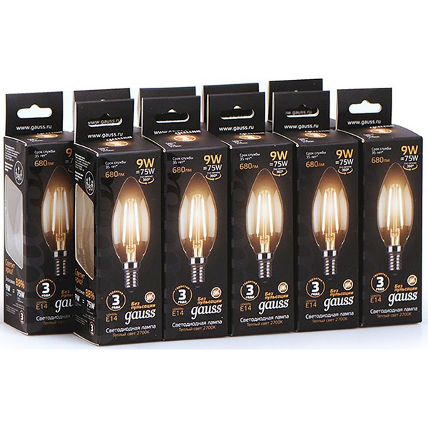 Лампа светодиодная филаментная GAUSS C37 9W 2700K E14
