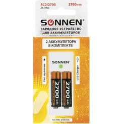 Зарядное устройство с аккумуляторами SONNEN  2 шт AA (HR6) 2700 mAh BC2, в блистере