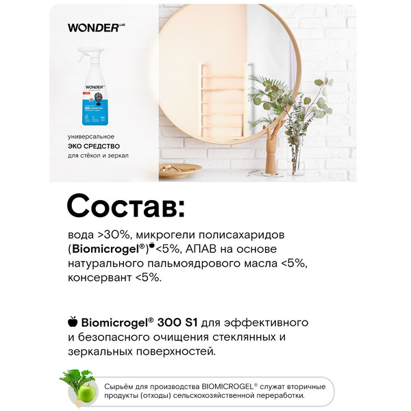 Чистящее экосредство для стёкол и зеркал WONDER LAB 0.55 л