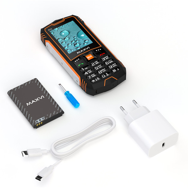 Мобильный телефон Maxvi R10 + ЗУ WC-112 (черный/оранжевый)