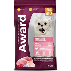 Сухой корм для кошек Award Sterilized с индейкой и курицей с добавлением клюквы и цикория (1.5кг)