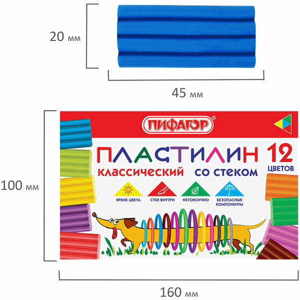 Пластилин классический "Веселая такса" 12 цв. ПИФАГОР 106675