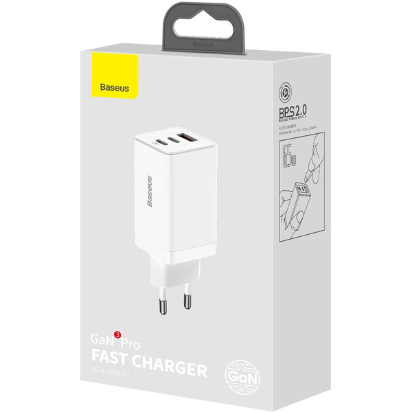 Сетевое зарядное устройство Baseus GaN3 Pro Fast Charger 2C+U 65W CCGP050102 White