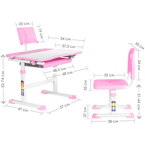 Парта+стул Anatomica Avgusta с выдвижным ящиком и подставкой (белый/розовый)