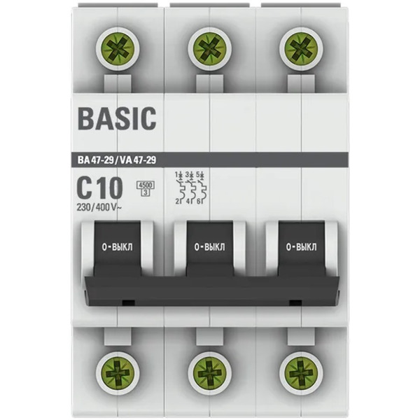 Выключатель автоматический EKF Basic ВА 47-29 3P 10А (C) 4,5кА