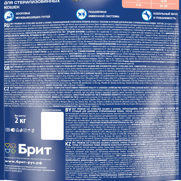 Сухой корм для кошек Брит Premium Cat Sterilized Salmon&Chicken 5049851 (2кг)