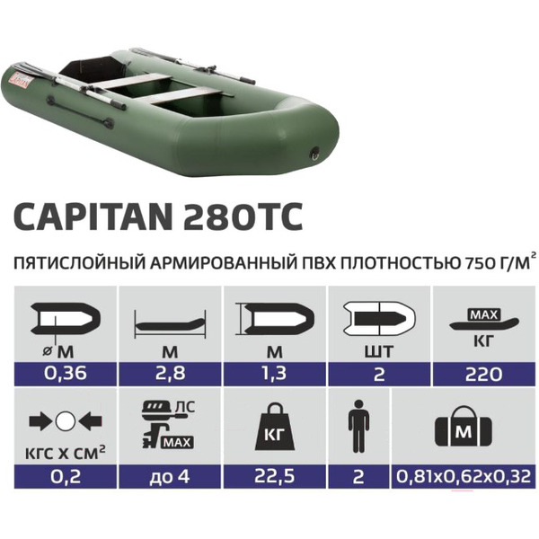 Надувная лодка Тонар Капитан 280Тс (зеленый)