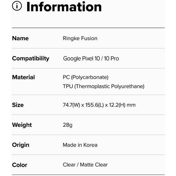 Чехол Ringke FUSION для Pixel 10 / 10 Pro MATTE CLEAR