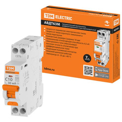 Дифференциальный автомат TDM АВДТ 63М 2P(1P+N) C10 30мА 4.5кА тип АС SQ0202-0059