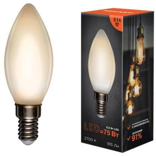 Лампа филаментная REXANT 604-095 Свеча CN35 9,5Вт 915Лм 2700K E14 матовая колба