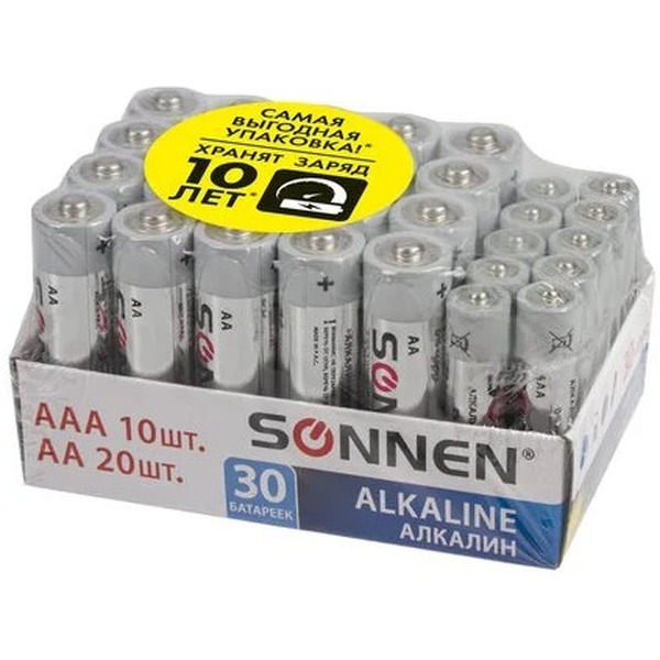 Батарейки SONNEN 30 (20+10) шт, Alkaline, AA+ААА (LR6+LR03), в коробке
