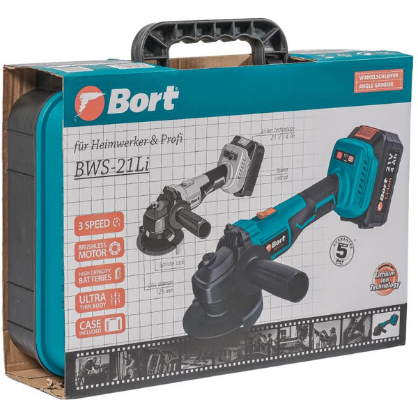 Угловая шлифмашина Bort BWS-21LI (с 2-мя АКБ, кейс)