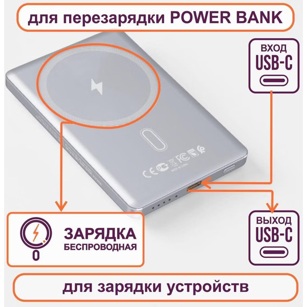 Внешний аккумулятор RIVACASE VA2619 5000mAh Magsafe 15W + PD20W (серебристый)