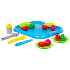 Набор детской посуды Полесье с голубым подносом и набором продуктов 71839 (19 элементов)