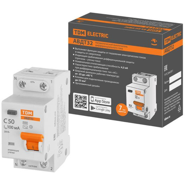 Дифференциальный автомат TDM АВДТ 32 2P(1P+N) C50 100мА 4.5кА тип АС SQ0202-0512