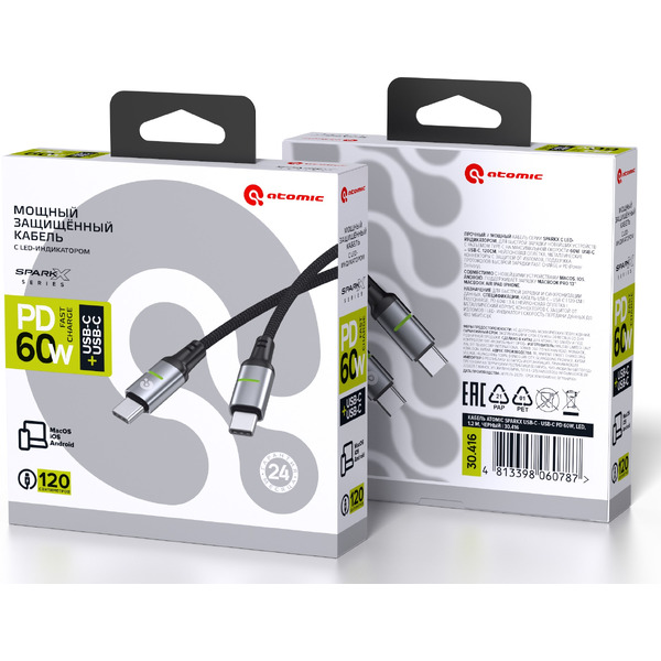 Кабель ATOMIC SparkX USB Type-C - USB Type-C PD 60W 30.416 (1.2 м, черный)