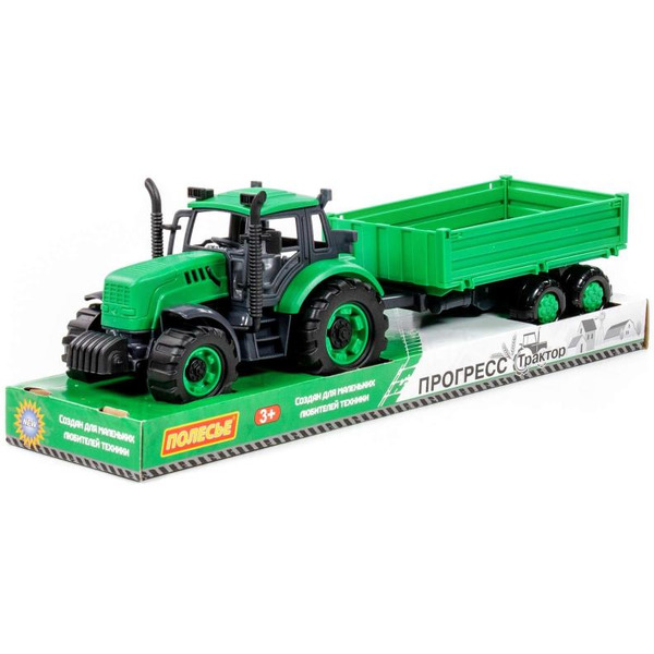 Трактор Полесье Прогресс с бортовым прицепом инерционный (зелёный) 94605