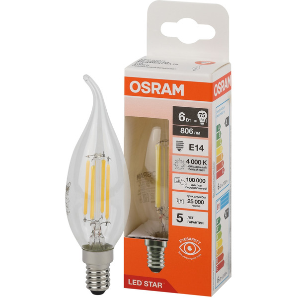 Лампа светодиодная филаментная "На ветру" OSRAM BA75 6W 4000K E14