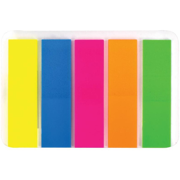 Закладки клейкие BRAUBERG 112442 (NEON COLOR, пластиковые, 45х12мм, 5 цветов х 20л, КОМПЛЕКТ 5шт)