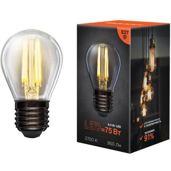 Лампа филаментная REXANT 604-131 Шарик GL45 9,5Вт 950Лм 2700K E27 прозрачная колба