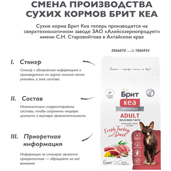 Сухой корм для кошек Брит Кеа Cat Adult Delicious Taste с индейкой и уткой 1066934 (400)