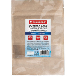 Пакет Дой-Пак с замком BRAUBERG 700692 (крафт с окном 60 мм, 170х240+40 мм, 100 шт, 150мкм)