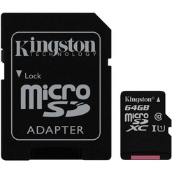 Карта памяти KINGSTON microSDHC 64GB+ SD Adapter black (SDC10G2/64GB 10 UHS-I U1)
