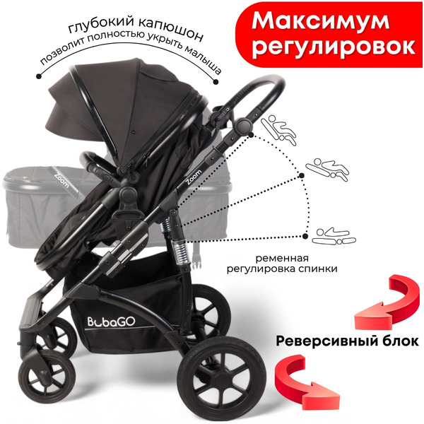 Коляска детская BubaGo Zoom BG 196-1 (3в1, Черный)