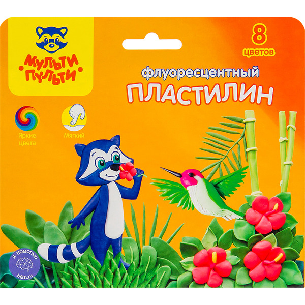 Пластилин восковой "Енот на острове Куба" 8 цветов, 120г, флуоресцентный, со стеком, (Мульти-Пульти) арт. ФП_11060