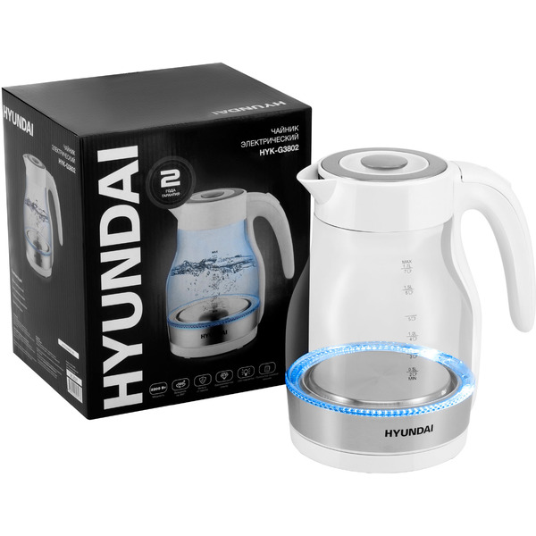 Электрический чайник Hyundai HYK-G3802 белый/серебристый (стекло)