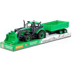 Трактор Полесье Прогресс с бортовым прицепом и ковшом инерционный (зелёный) 94650