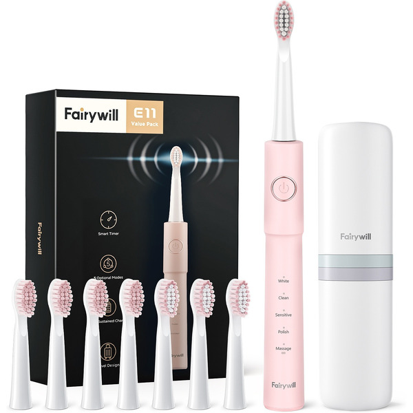 Электрическая зубная щетка Fairywill E11 (розовый, 8 насадок + чехол)