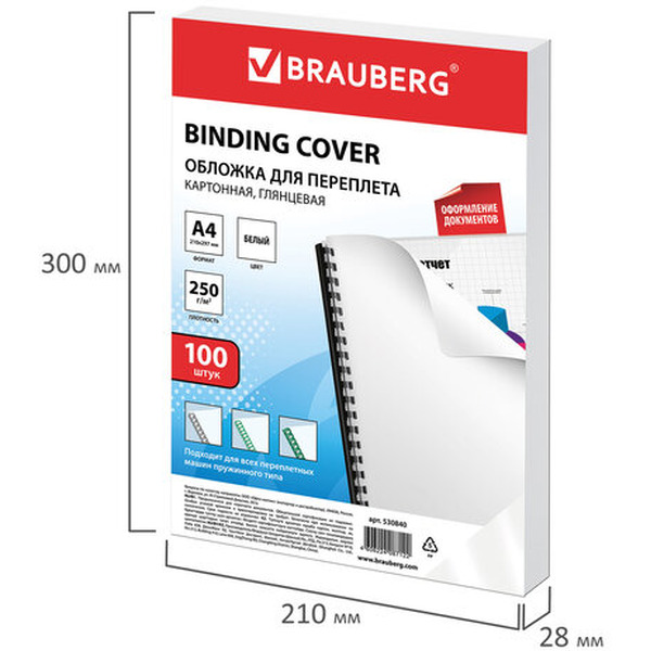 Картонная обложка для переплета BRAUBERG A4 250 г/м2 100 шт 530840 (белый)