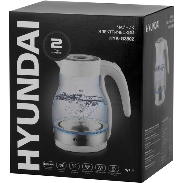 Электрический чайник Hyundai HYK-G3802 белый/серебристый (стекло)