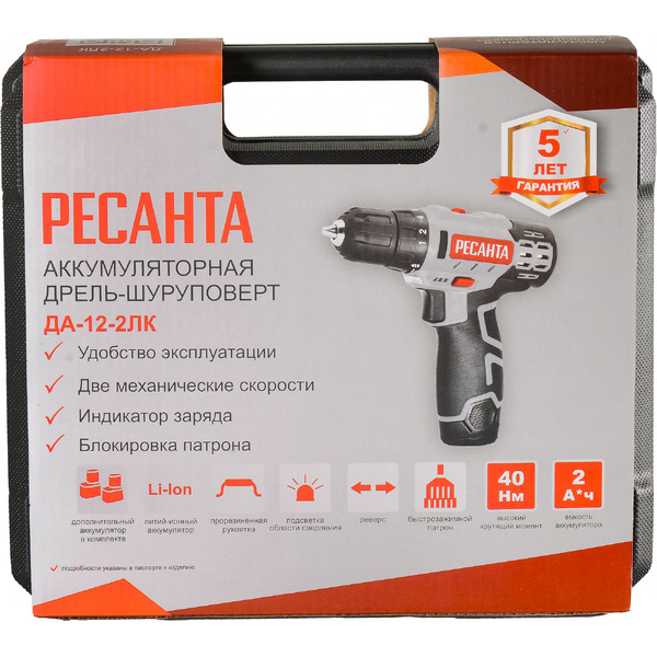 Дрель-шуруповерт Ресанта ДА-12-2ЛК (75/14/2)