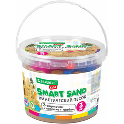 Кинетический песок BRAUBERG 665480 (песочный, 3000 г, 3 формочки, лопатка, грабли, ведро)