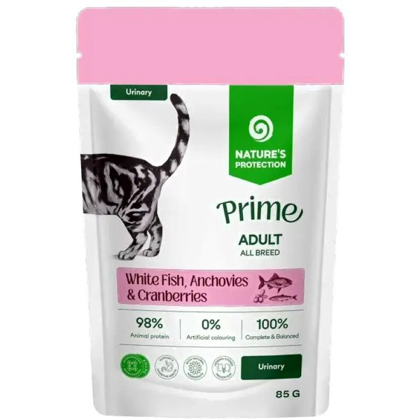 Влажный корм для кошек Nature's Protection Prime Urinary Кусочки в соусе белая рыба, анчоусы, клюква (12x85г)