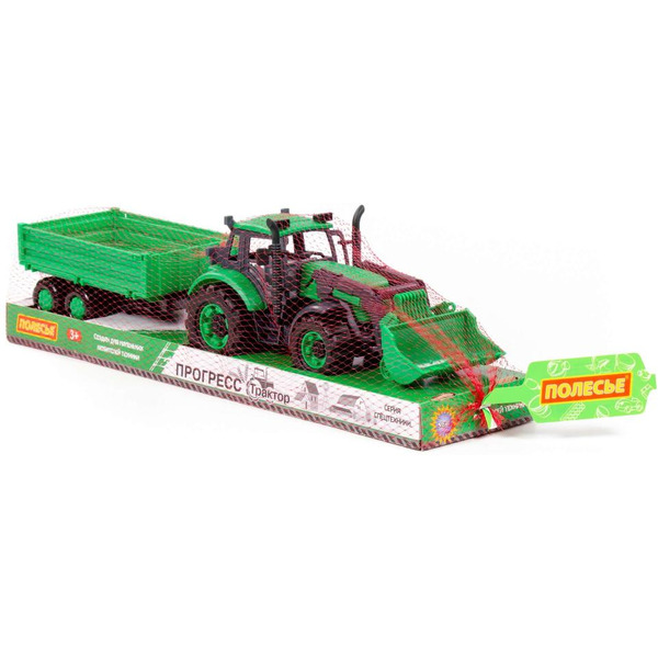 Трактор Полесье Прогресс с бортовым прицепом и ковшом инерционный (зелёный) 94650
