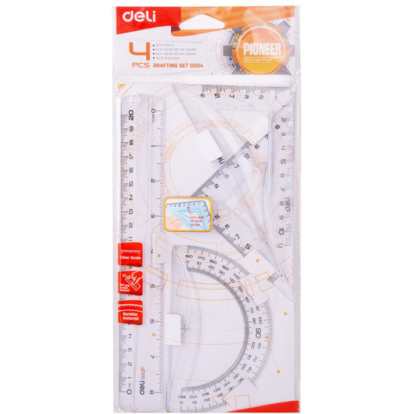 Набор линеек DELI PIONEER G00412 прозрачный, 4 предмета, (линейка 20 см, 2 треугольника, транспортир)