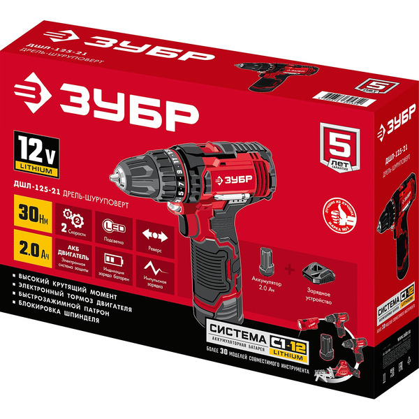 Дрель-шуруповерт Зубр Мастер ДШЛ-125-21 (с 1-м АКБ)