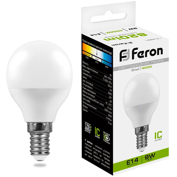 25802 Лампа светодиодная, 9W 230V E14 G45 4000K, LB-550 Feron