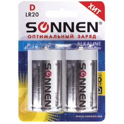 Батарейки SONNEN АЛКАЛИН, D (LR20), КОМПЛЕКТ 2шт., в блистере