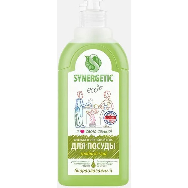 Средство для мытья посуды, детских игрушек SYNERGETIC С ароматом зеленого чая, 0,5л