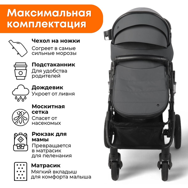 Коляска детская BubaGo Zoom BG 196-2 (3в1, темно-серый)