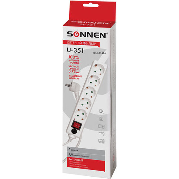 Сетевой фильтр SONNEN 511424 (5 розеток, 1,8м)
